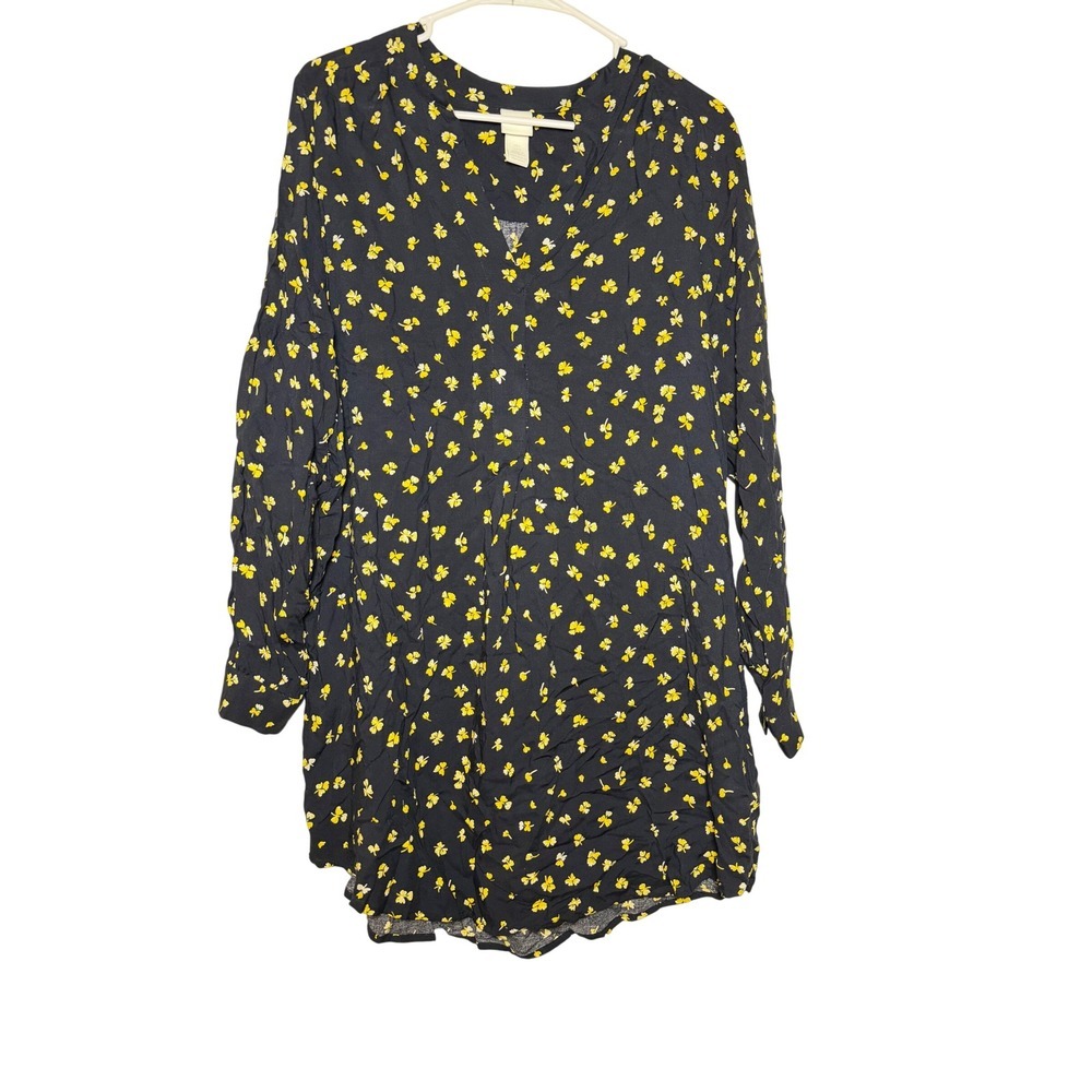 HM Womens Navy Blue Yellow Floral V-Neck Cottagecore Tunic  Mini Dress 4